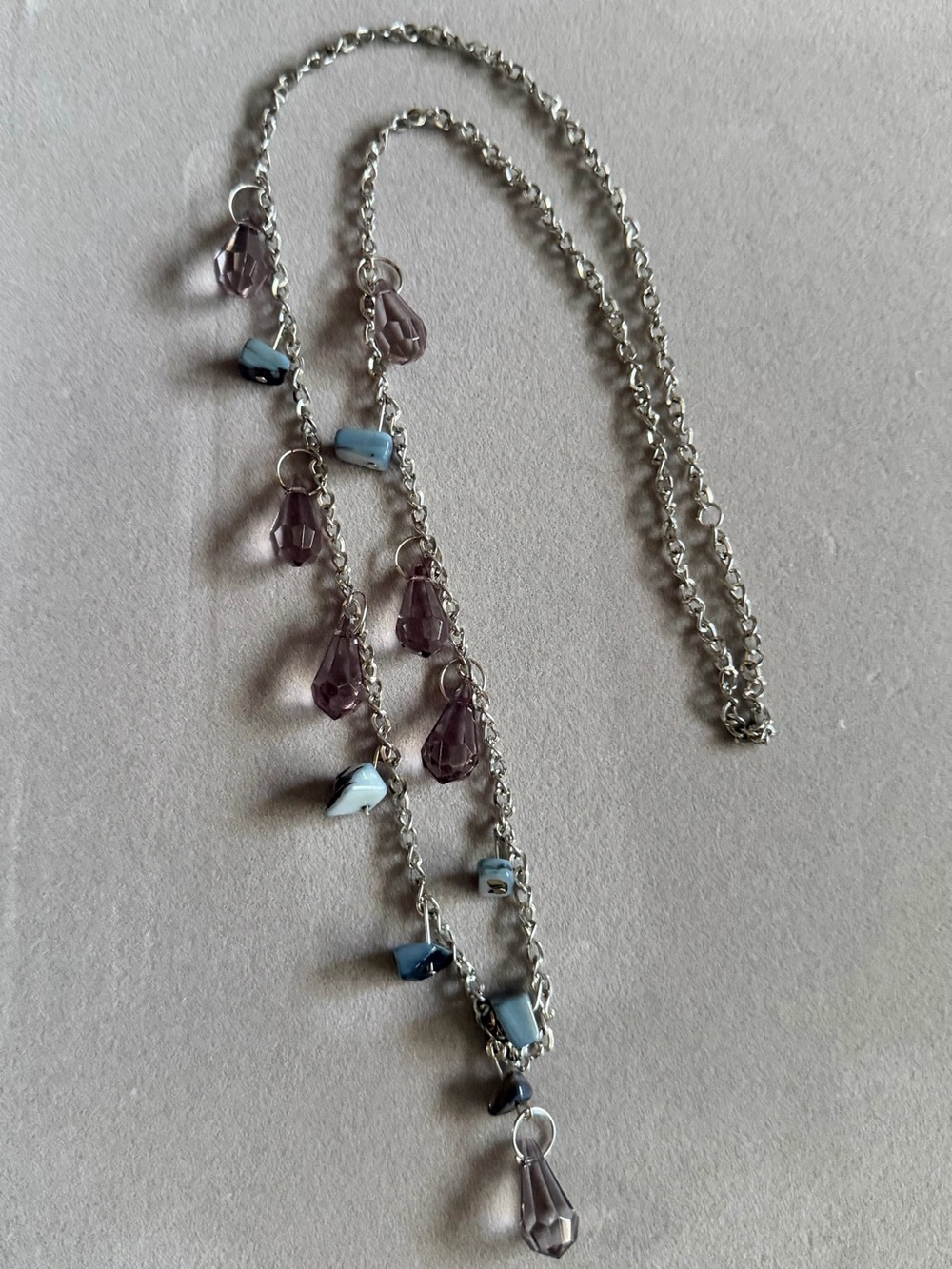 Silver Chain Necklace with Purple Teardrop and Blue Turquoise Accent Beads